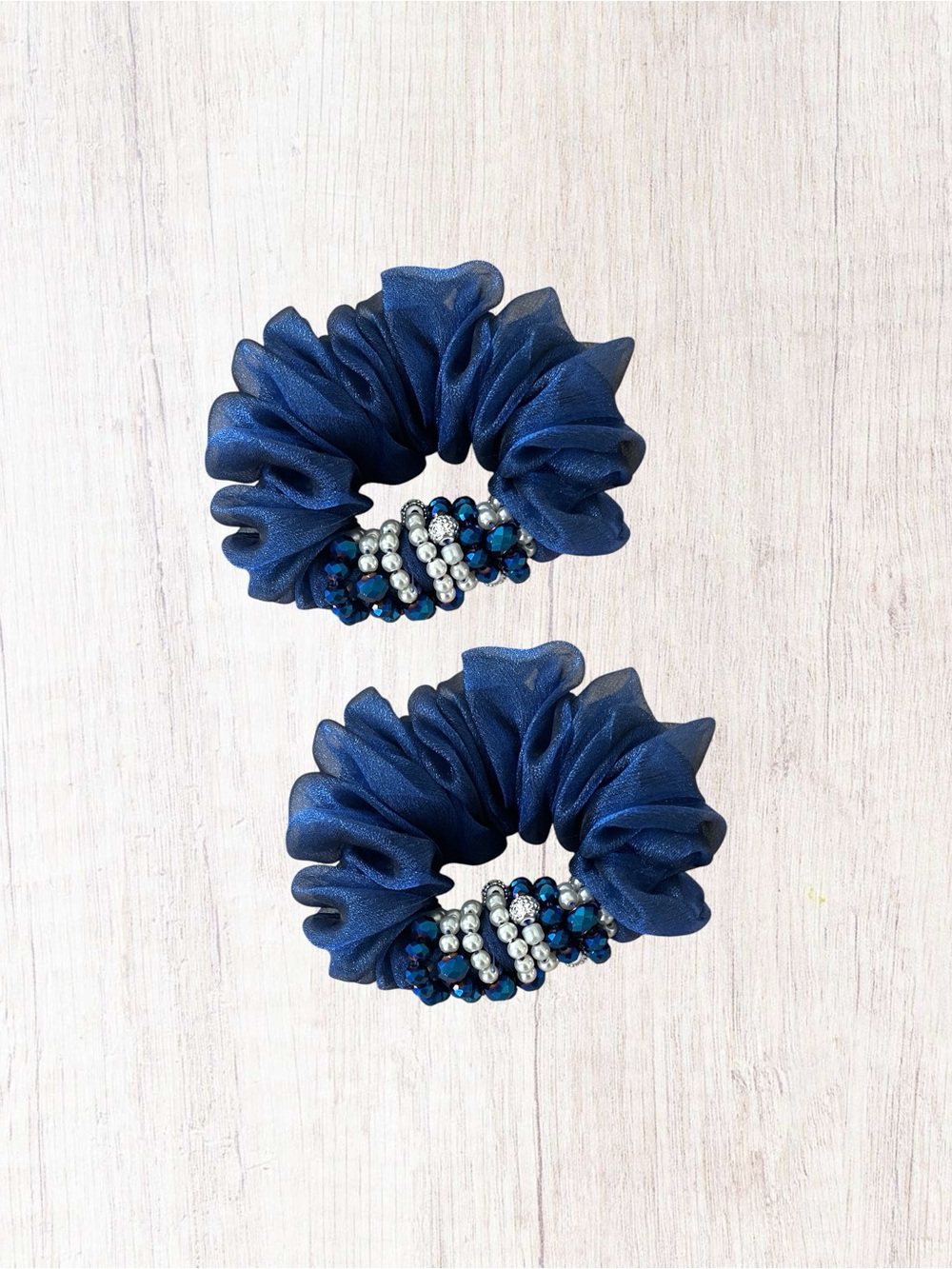 Elegant Blue and Red Scrunchie Set with Bead Accents